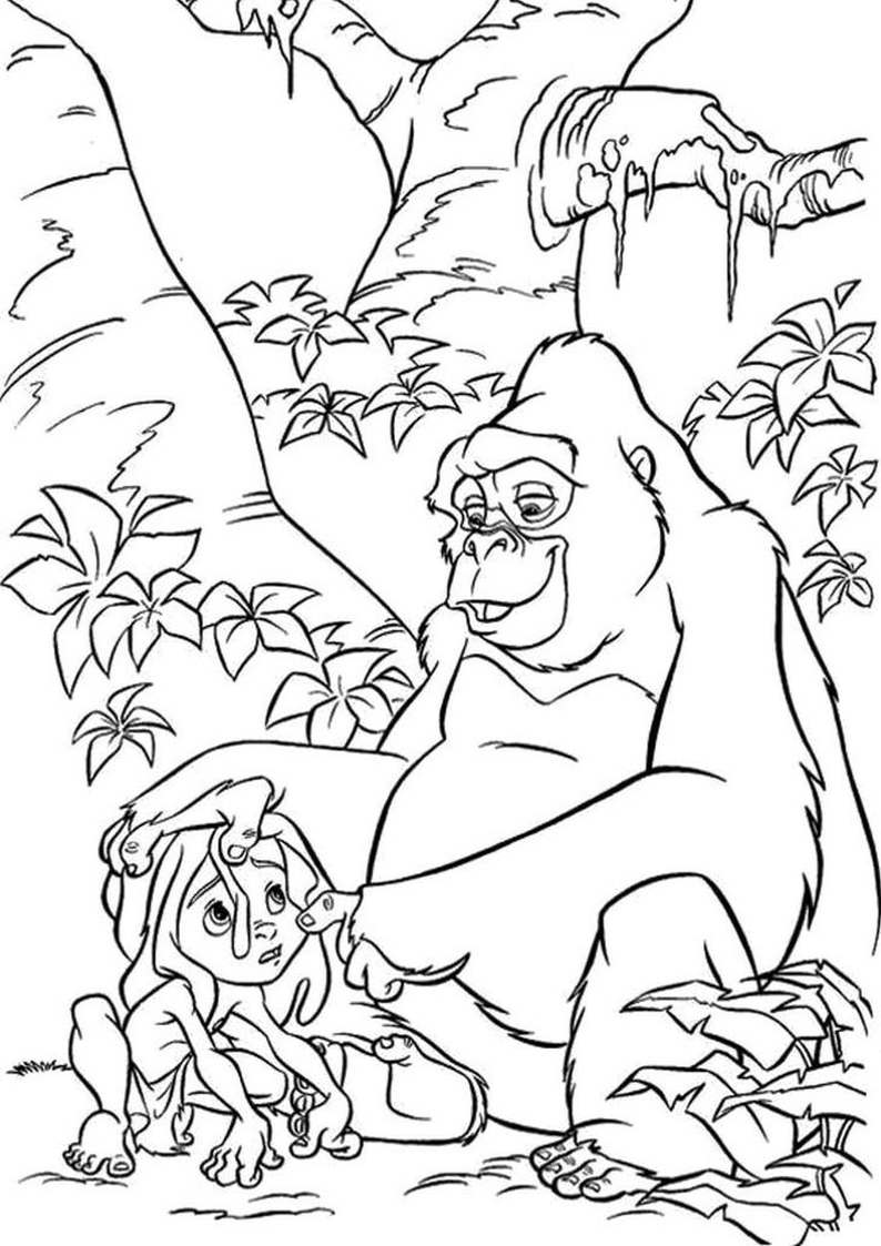 dla dzieci kolorowanka Tarzan Disney, obrazek z małym Tarzanem i jego mamą gorylicą Kalą, malowanka do wydruku i pokolorowania numer 40